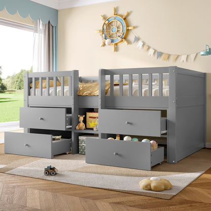 Grey HOMCOM low loft bed with storage, solid wood frame, drawer storage, guardrail, no box spring, space-saving for children's bedroom