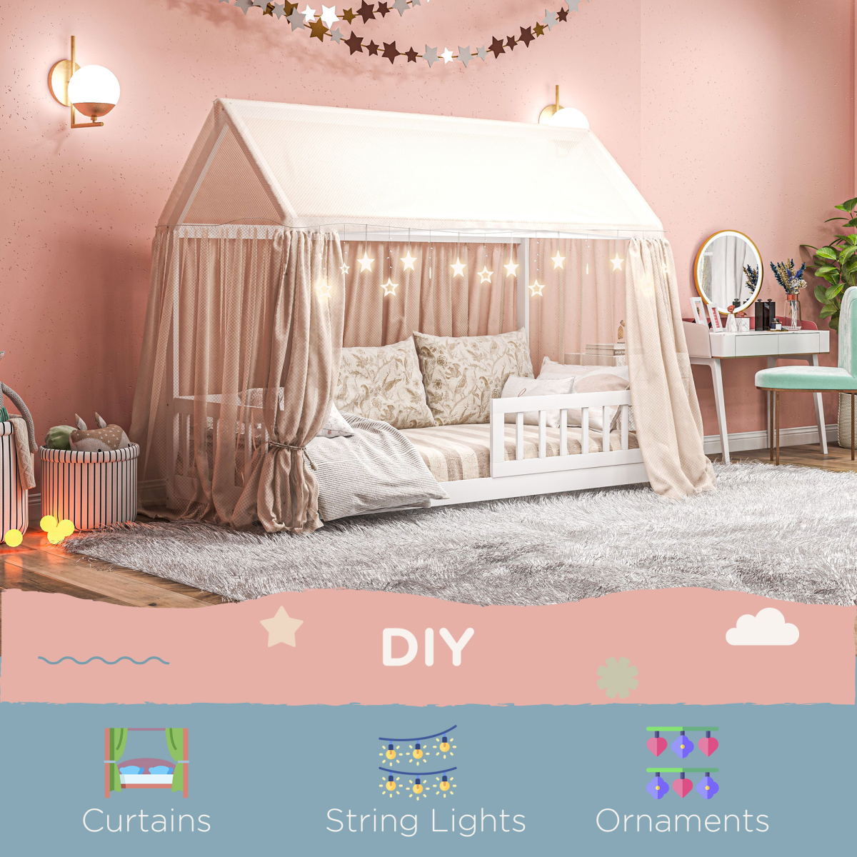 House-Shaped Kids Bed Frame with Safety Fence for Boys Girls, White