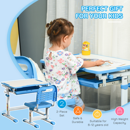 Kids desk and chair set with adjustable tiltable tabletop, drawer, pen slot, and hook, designed for children’s study space.