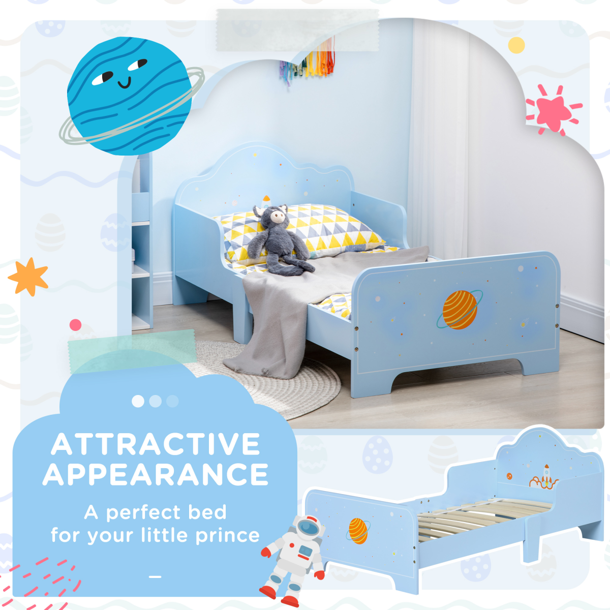 Zonekiz toddler bed with space-themed patterns, suitable for boys and girls aged 3-6 years, featuring colorful galaxy and planet designs.