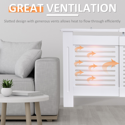 HOMCOM extendable white MDF radiator cover with slatted design, versatile and stylish for protecting and decorating radiators.