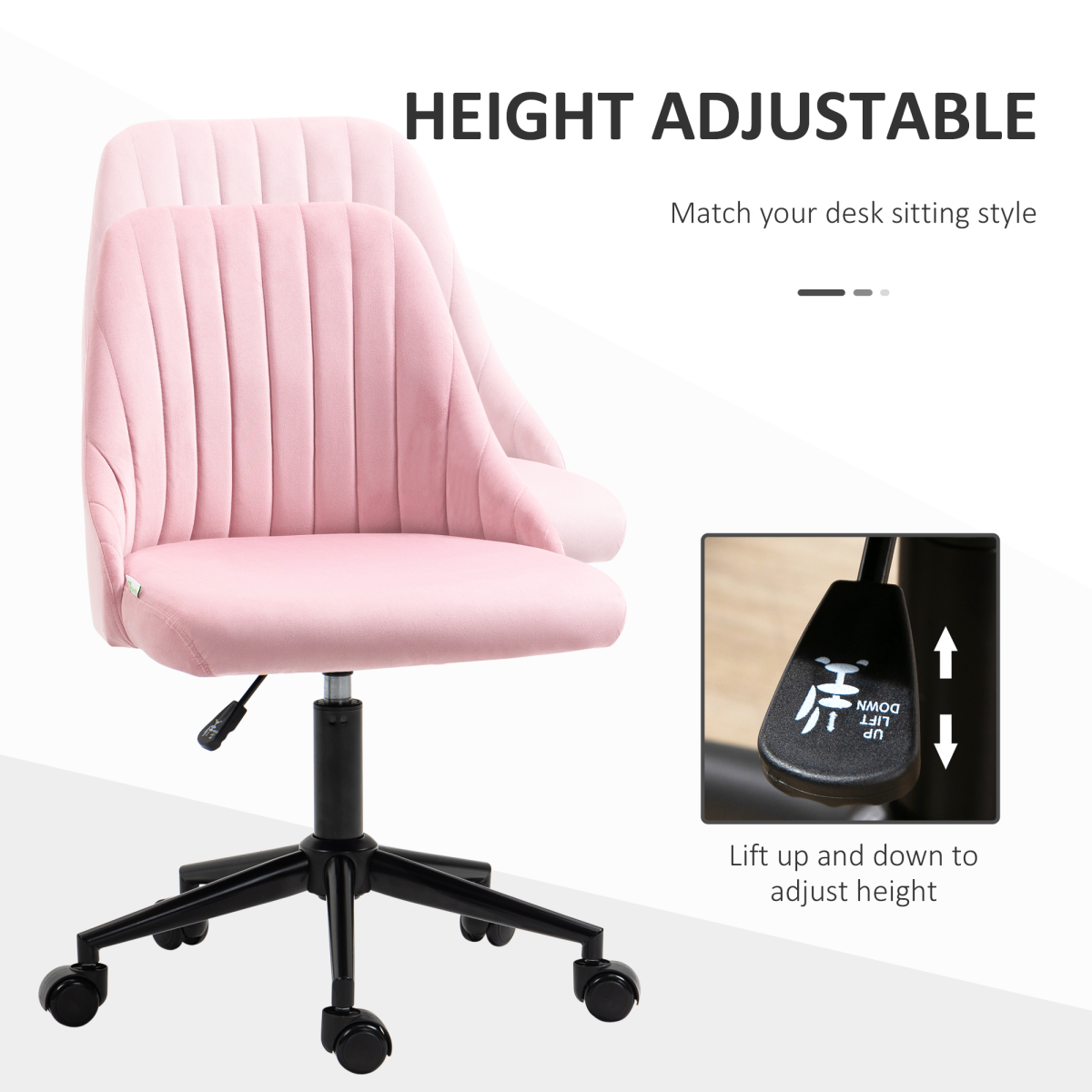 Velvet Office Chair with Adjustable Height and Wheels, Pink
