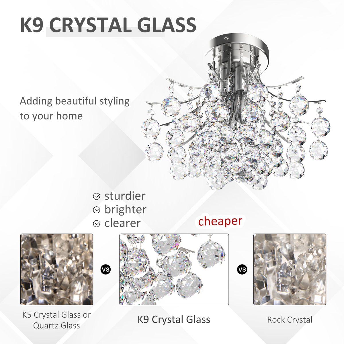 Modern K9 crystal ceiling chandelier by HOMCOM featuring a sleek pendant light design with sparkling crystal accents.
