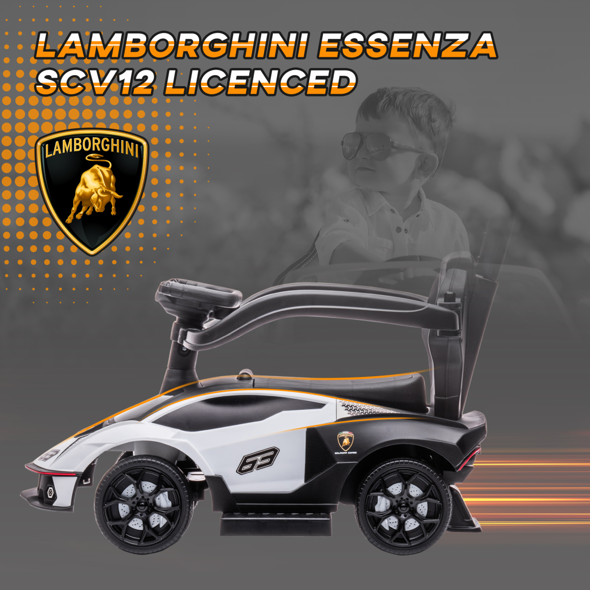 HOMCOM Lamborghini 2-in-1 baby ride-on push car in white with toddler push-along features and realistic Lamborghini design.