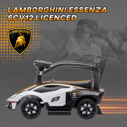 HOMCOM Lamborghini 2-in-1 baby ride-on push car in white with toddler push-along features and realistic Lamborghini design.