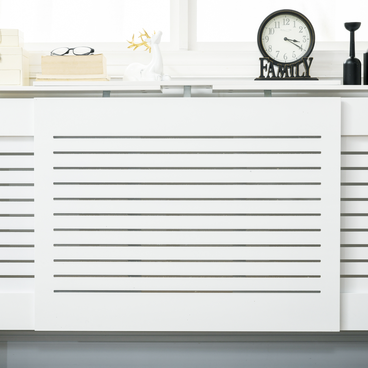Set of 2 radiator covers with slatted cabinet panels designed for home heating units, providing stylish heat protection.
