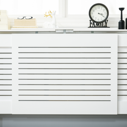 Set of 2 radiator covers with slatted cabinet panels designed for home heating units, providing stylish heat protection.