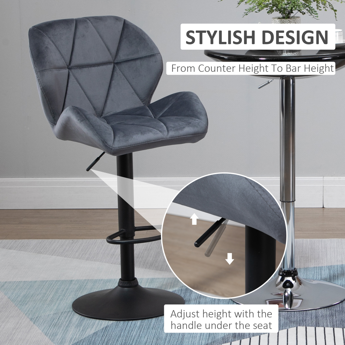 Pair of HOMCOM dark grey fabric bar stools with adjustable height and modern design, featuring cushioned seats and metal bases.