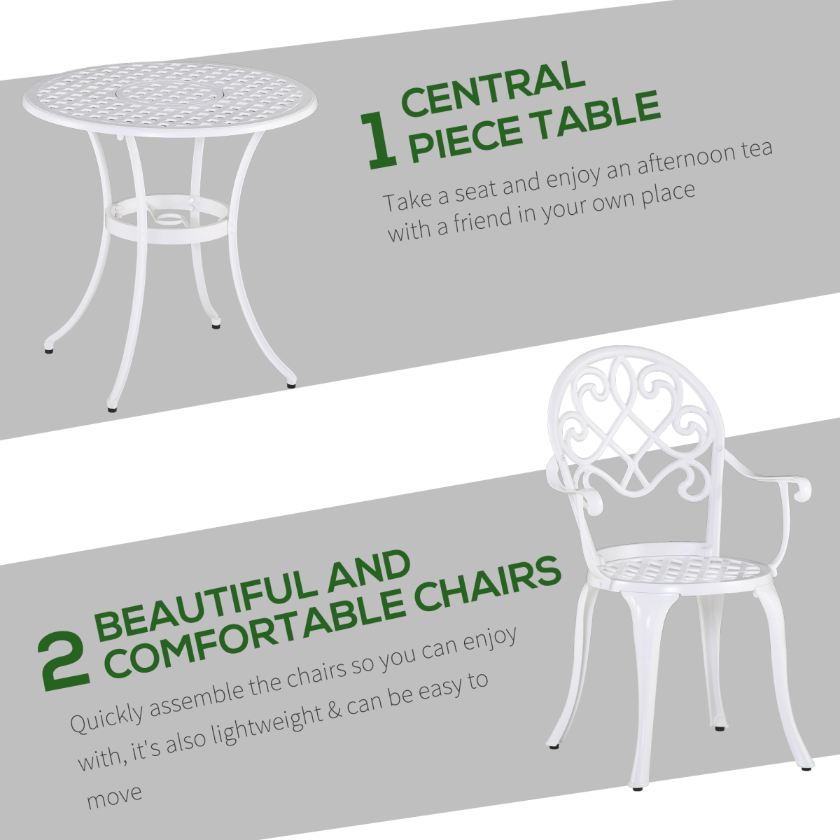 White 3-piece cast aluminium garden bistro set with two chairs and a round table, outdoors setup for patio or garden.
