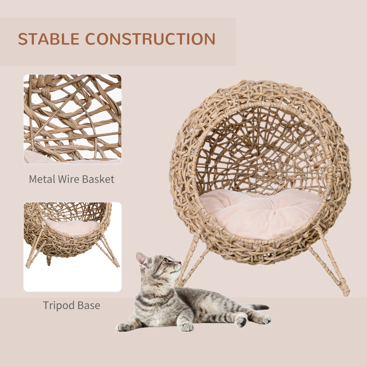 Ball-shaped rattan cat house with natural wood finish, raised cat bed for cozy feline comfort and stylish home decor.