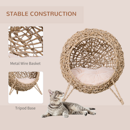 Ball-shaped rattan cat house with natural wood finish, raised cat bed for cozy feline comfort and stylish home decor.