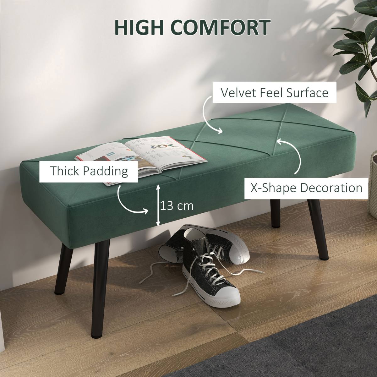 Upholstered green end of bed bench with steel legs, ideal for hallway or bedroom seating by HOMCOM.