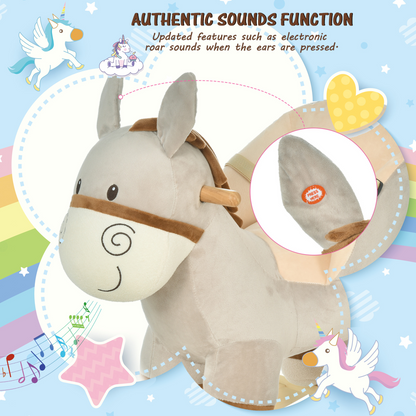 Kids ride-on rocking donkey with plush body, handlebars, seat belt, and sound features for children’s play and comfort.