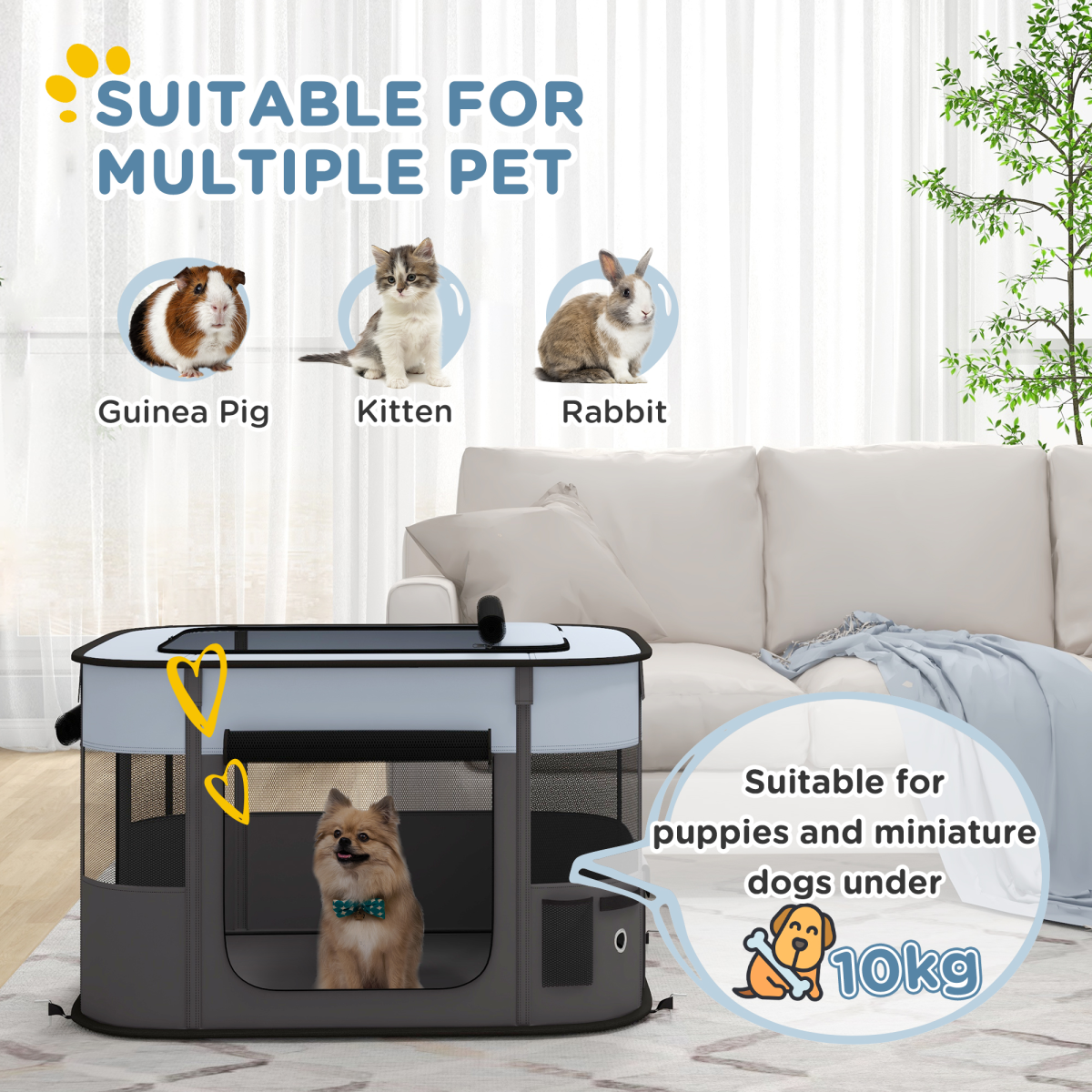 Grey portable dog pen by PawHut, suitable for puppies, rabbits, kittens, and guinea pigs, with expandable mesh sides and sturdy frame.
