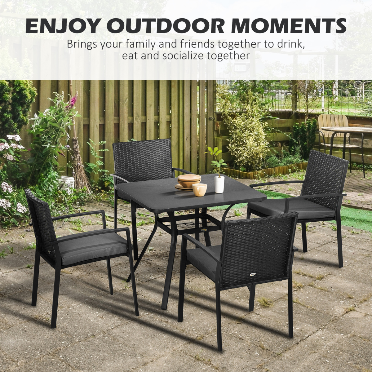 Black Outsunny 4-seater rattan garden dining set with table, chairs, and umbrella hole for outdoor entertaining.