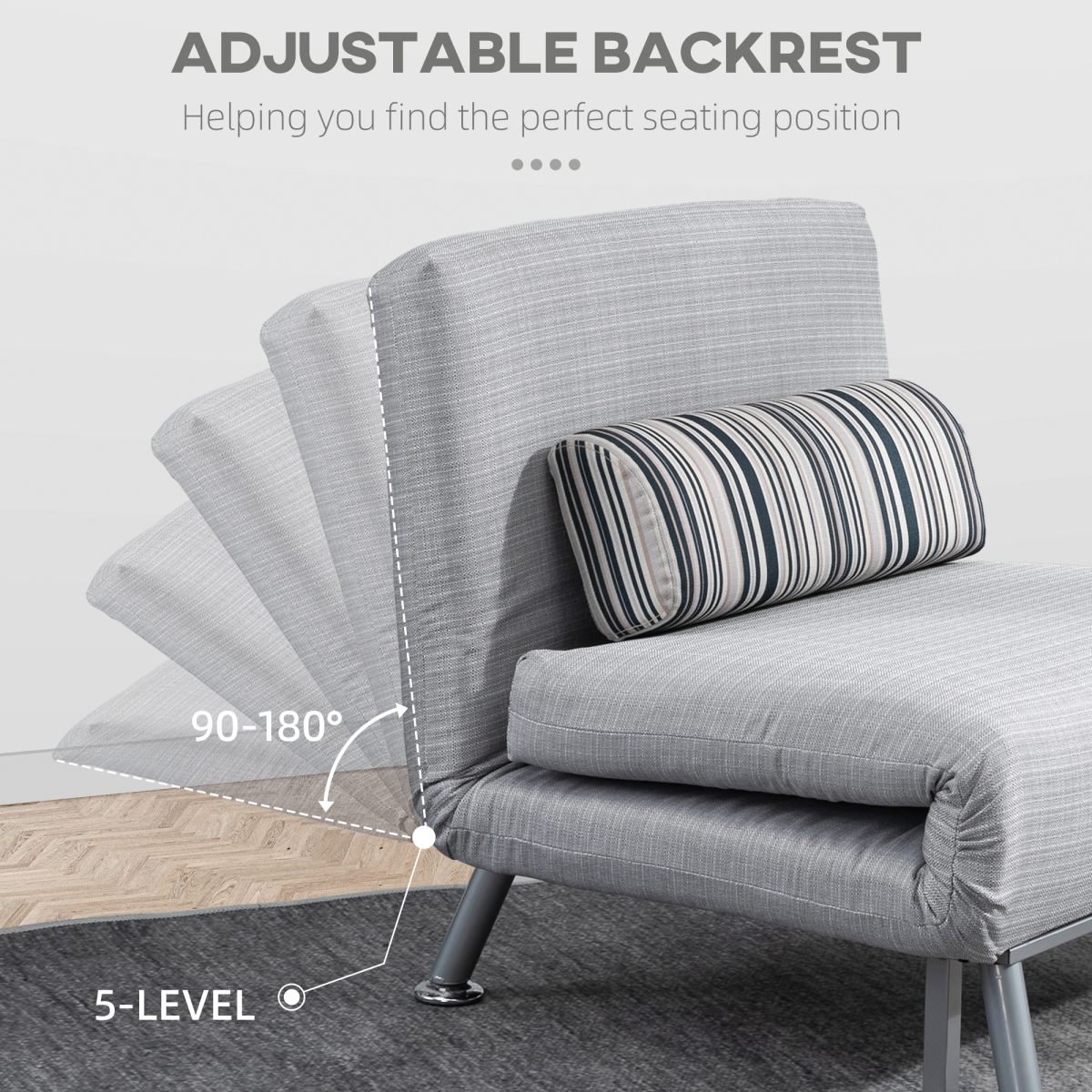 Grey single sofa bed folding chair with steel frame, padded cushion, and pillow, ideal for versatile seating and sleeping solutions.