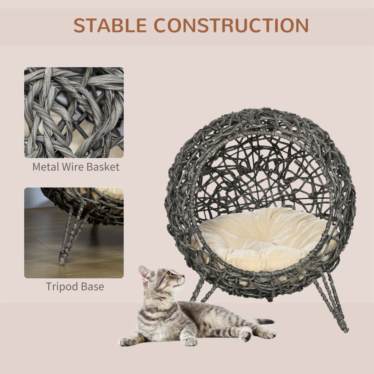 PawHut rattan elevated cat house with grey basket and cushion, perfect for kittens or small pets, silver-tone finish.