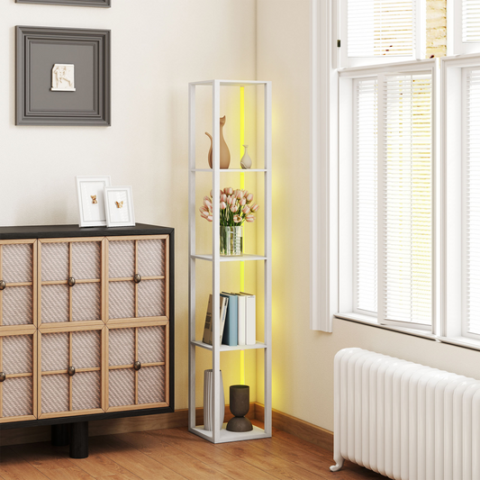 White RGB LED floor lamp with built-in shelves, modern design, and adjustable lighting for living room or bedroom decor.