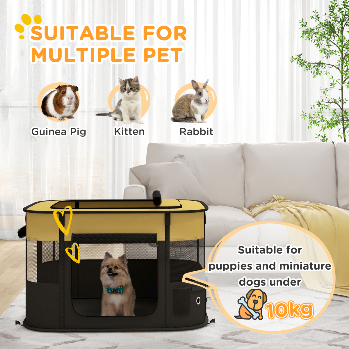 Yellow portable dog pen by PawHut with mesh sides, suitable for puppies, rabbits, kittens, and guinea pigs, providing a safe outdoor space.