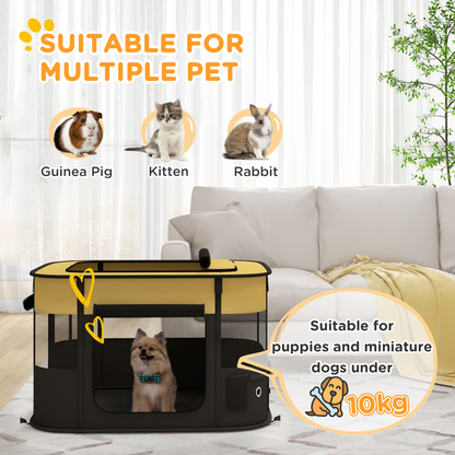 Yellow portable dog pen by PawHut with mesh sides, suitable for puppies, rabbits, kittens, and guinea pigs, providing a safe outdoor space.