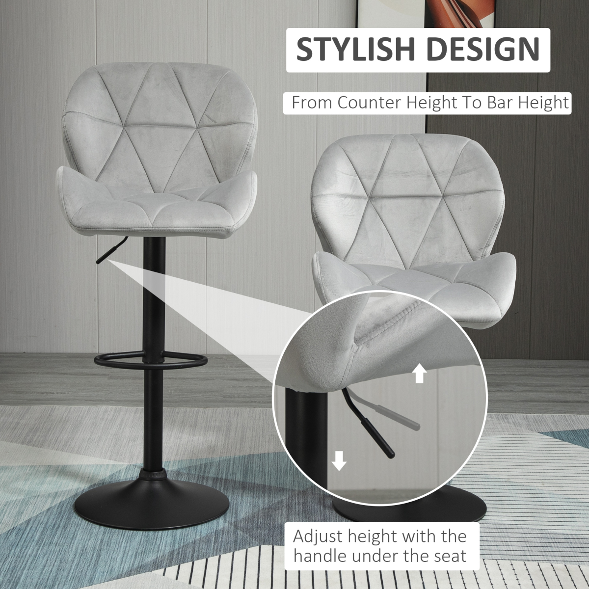 Set of 2 light grey fabric bar stools with adjustable height and metal bases, ideal for kitchen counters or bars.