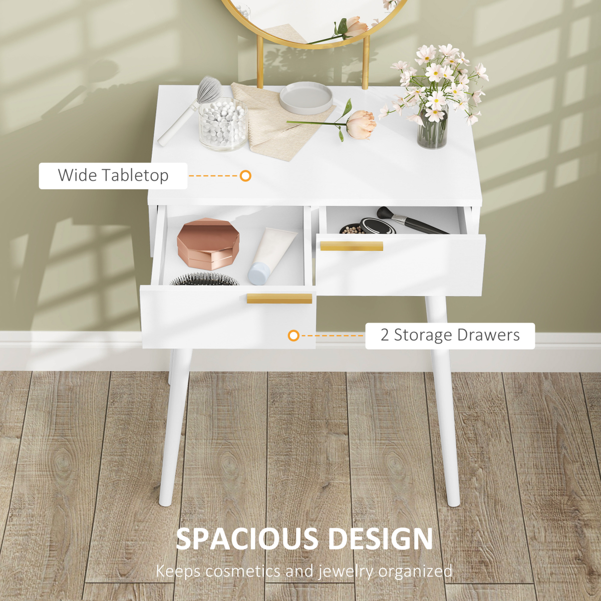 Modern Dressing Table w/ 2 Drawers Round Mirror for Bedroom White