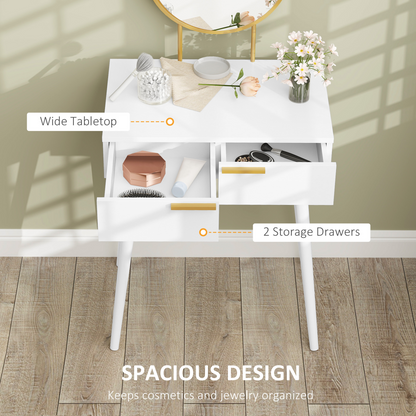 Modern Dressing Table w/ 2 Drawers Round Mirror for Bedroom White