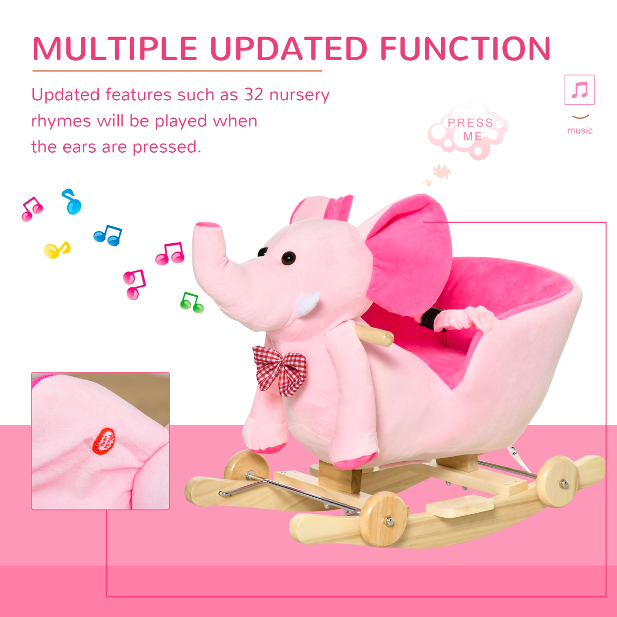 Pink HOMCOM 2-in-1 baby rocking horse and ride-on elephant with wheels, featuring musical details and cheerful design.
