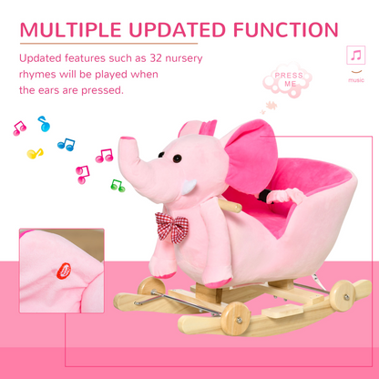 Pink HOMCOM 2-in-1 baby rocking horse and ride-on elephant with wheels, featuring musical details and cheerful design.