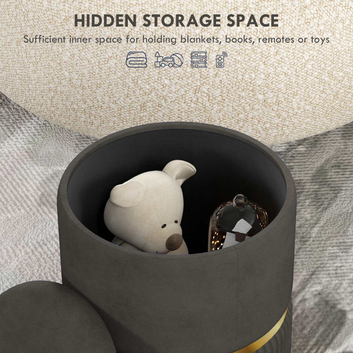 HOMCOM round pouffe with cushioned top and hidden storage space, serving as a comfortable footstool or decorative accent piece.
