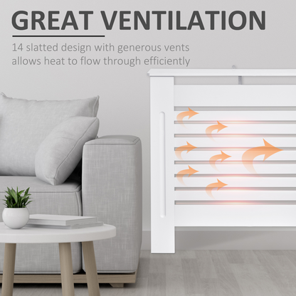 White MDF radiator cover with slatted design, 152cm HOMCOM radiator cabinet for stylish and functional heating cover.