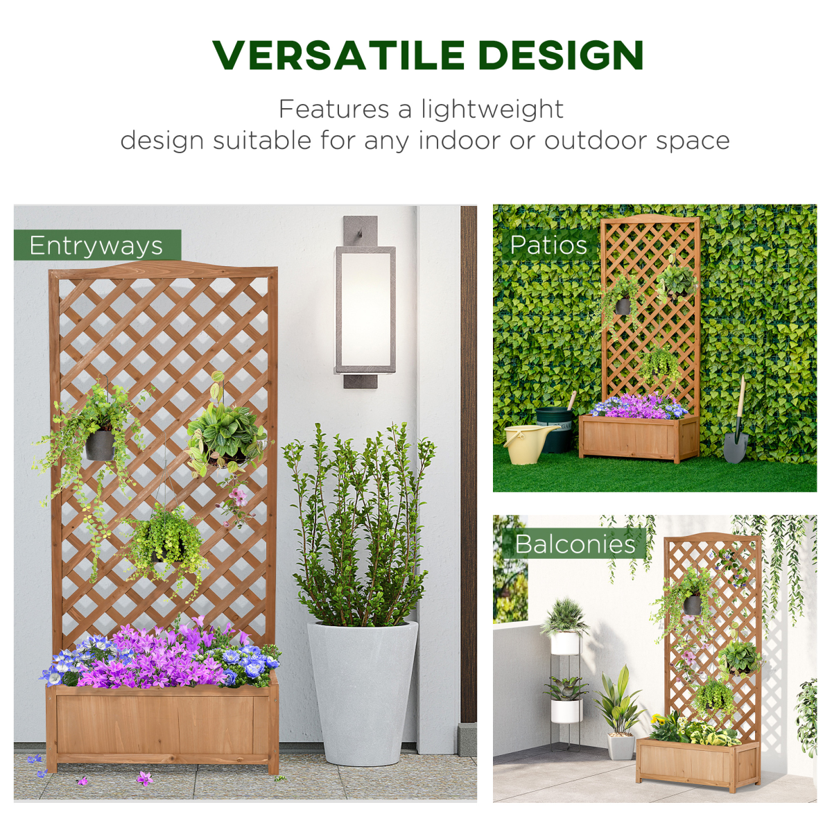 Outsunny wooden garden planter box with trellis, brown finish, measuring 76x36x170cm, ideal for climbing plants and flowers.
