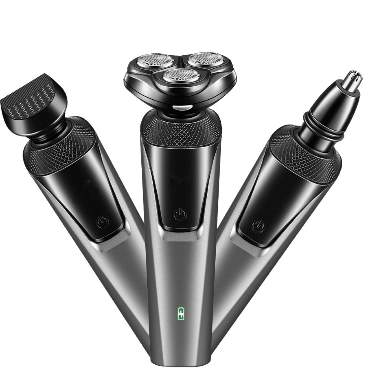 USB rechargeable 3-in-1 men's beard and nose hair trimmer with multiple attachments for grooming and trimming facial hair.