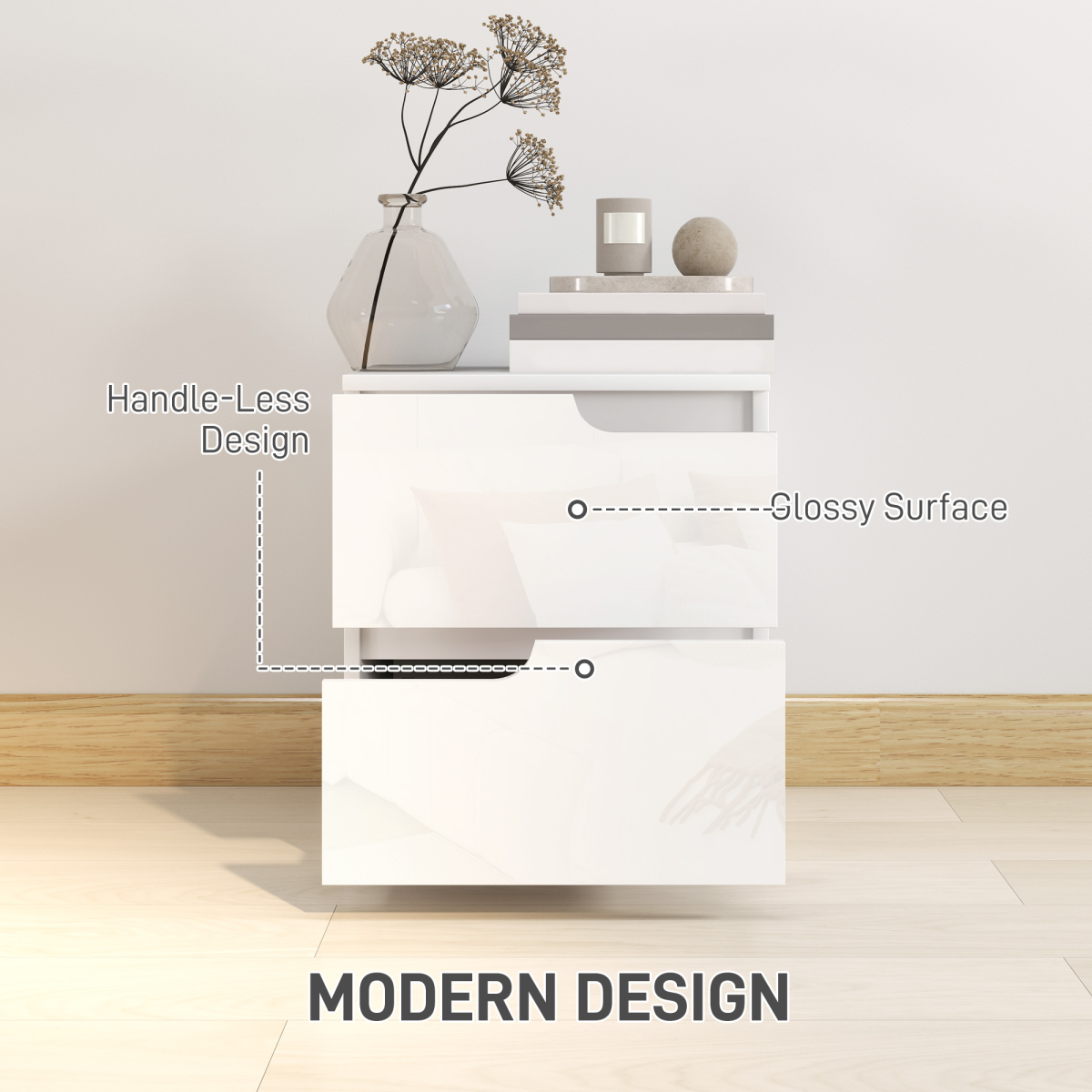 Modern Bedside Table with 2 Drawers for Bedroom, Living Room, White