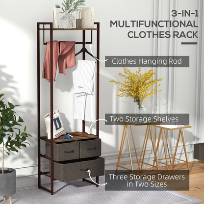 Clothes Hanging Rail with 3 Fabric Drawers Storage Shelves for Hallway