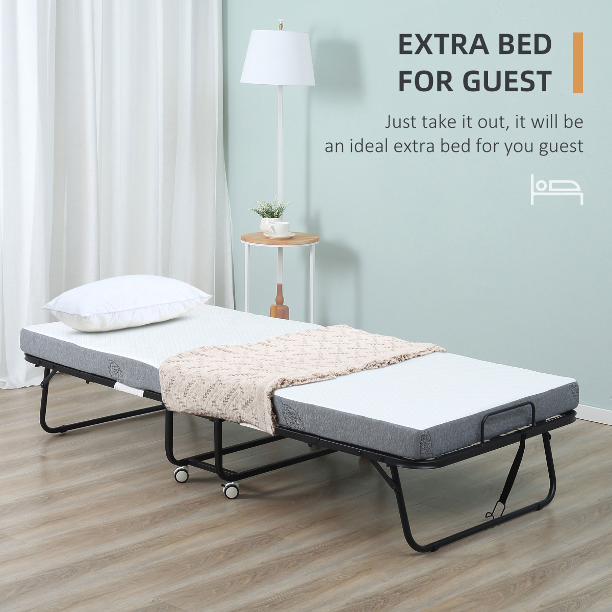 HOMCOM folding guest bed with metal frame and 10cm mattress, portable and foldable for easy storage and comfortable sleeping.