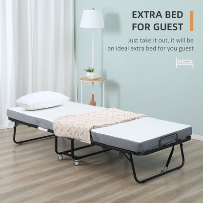 HOMCOM folding guest bed with metal frame and 10cm mattress, portable and foldable for easy storage and comfortable sleeping.