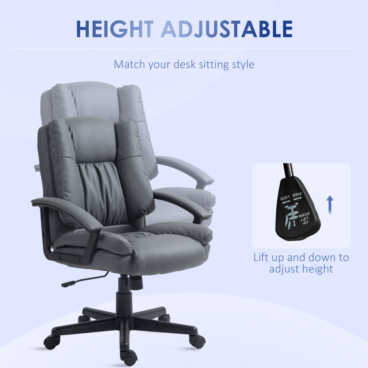 Dark grey HOMCOM faux leather home office chair with mid-back design and armrests, suitable for desk or workspace use.