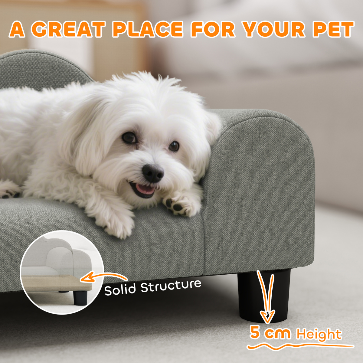 Soft dog bed or pet sofa with cushioned surface and raised edges, designed for comfort and relaxation for small to medium dogs.