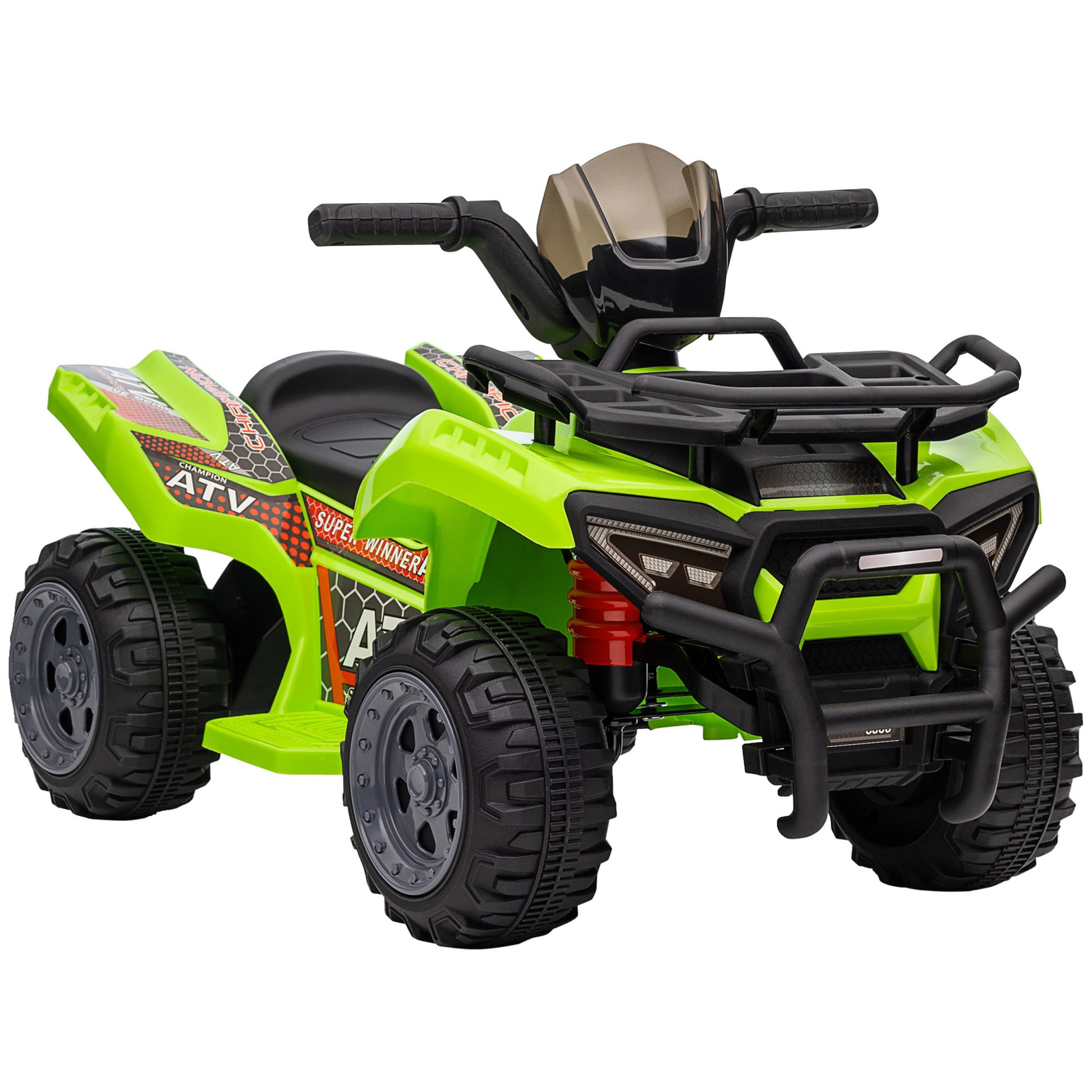 Green HOMCOM 6V kids electric ride-on car for toddlers, all-terrain quad bike with music, suitable for ages 18-36 months.