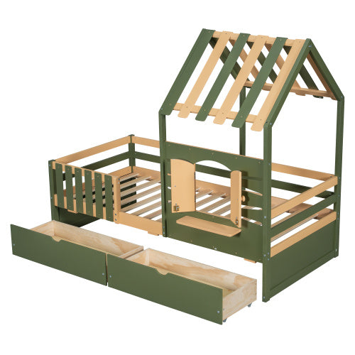 Kids Wooden Bed with Roof & Window Design – Green & Natural with Storage Drawers