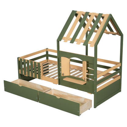 Kids Wooden Bed with Roof & Window Design – Green & Natural with Storage Drawers