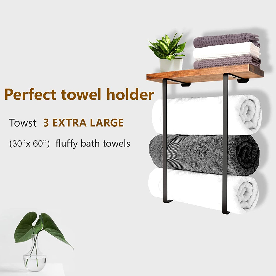 HOMCOM bathroom towel rack with iron and wood wall art design, wall-mounted towel holder for bathroom organization and decor.