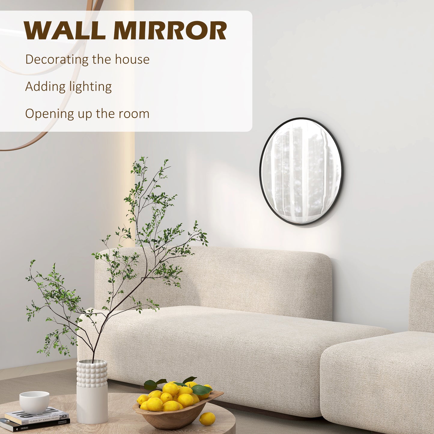 Modern 61cm round black wall mirror by HOMCOM, ideal for bedroom, living room, or bathroom decor.