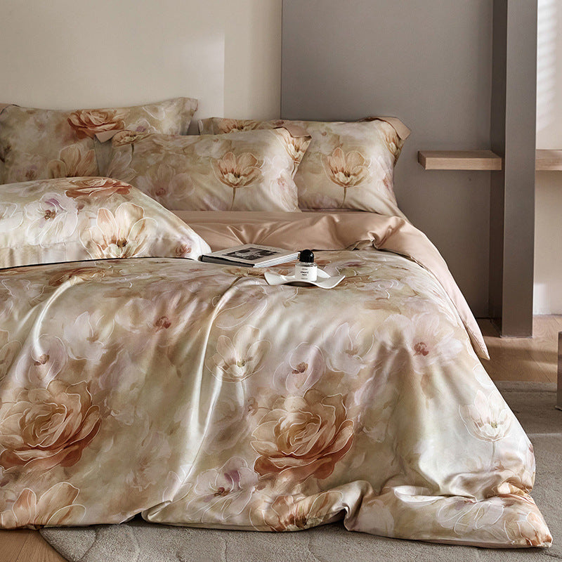 HOMCOM flower Tencel digital printed four-piece bedding set with floral design on soft, breathable fabric for a cozy bedroom look.