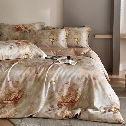 HOMCOM flower Tencel digital printed four-piece bedding set with floral design on soft, breathable fabric for a cozy bedroom look.