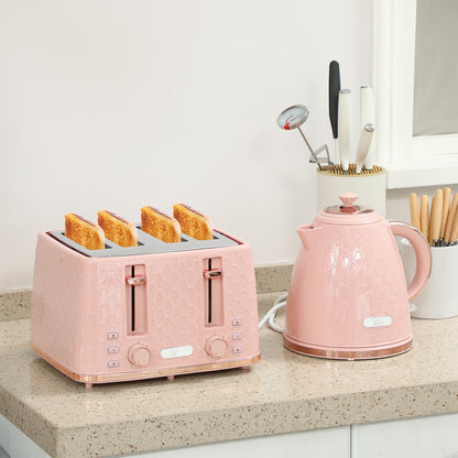 Light pink HOMCOM kettle and 4-slice toaster set, 1.7L jug with fast boiling, toaster with 7 browning levels, modern kitchen appliances