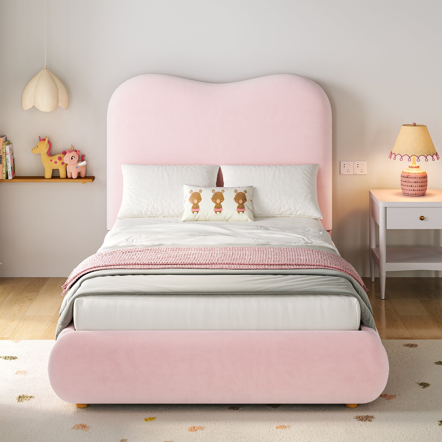 Pink upholstered children's single bed with velvet headboard, hydraulic storage, and large under-bed space, by HOMCOM.