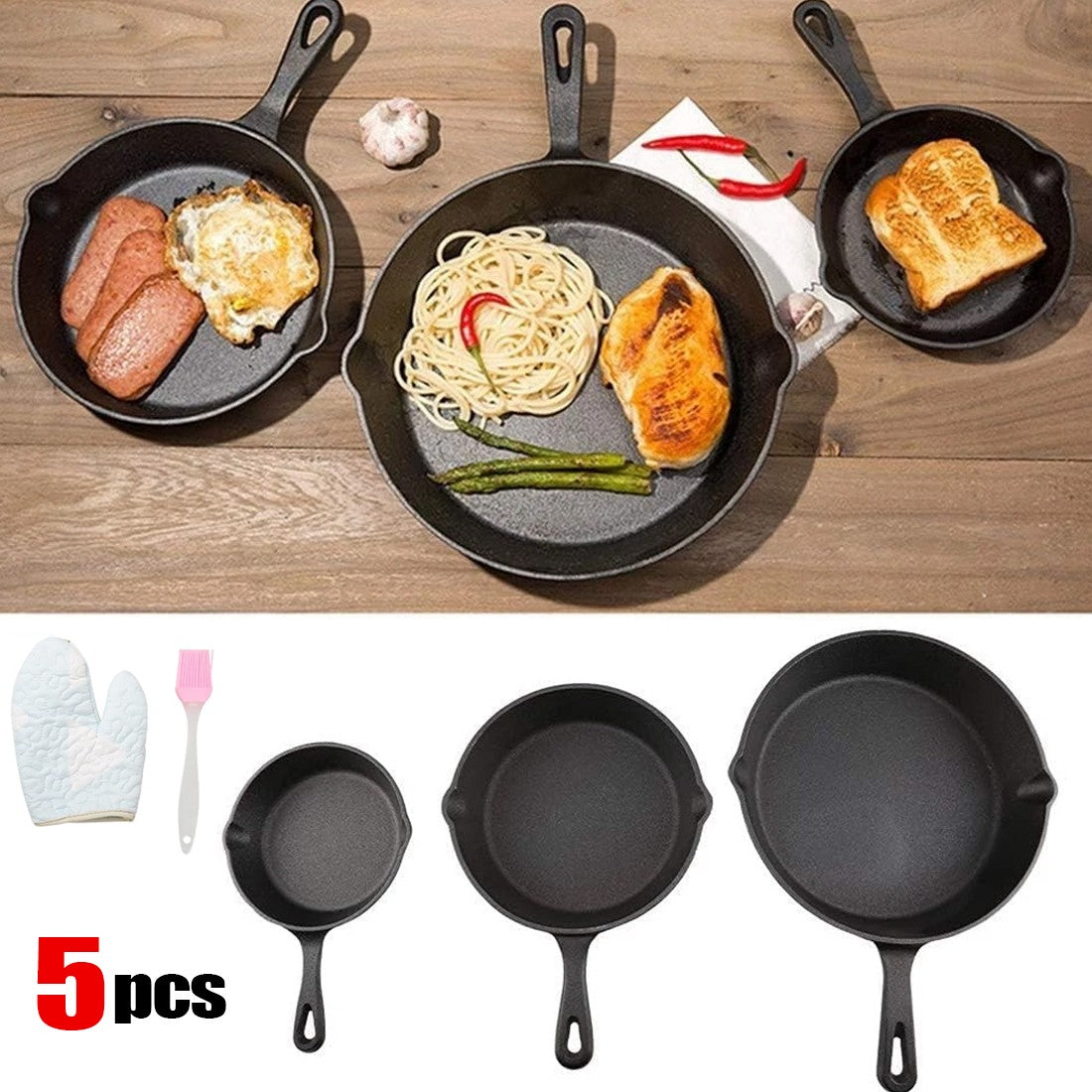 Three HOMCOM cast iron non-stick skillet griddles with seasoned frying pans for versatile stovetop cooking.