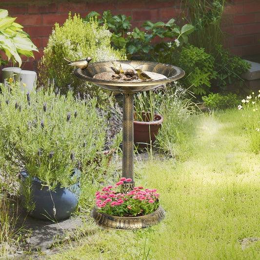 Bronze-tone HOMCOM vintage-style 72cm tall antique bird bath with bird decoration and flower planter base for garden outdoor use.